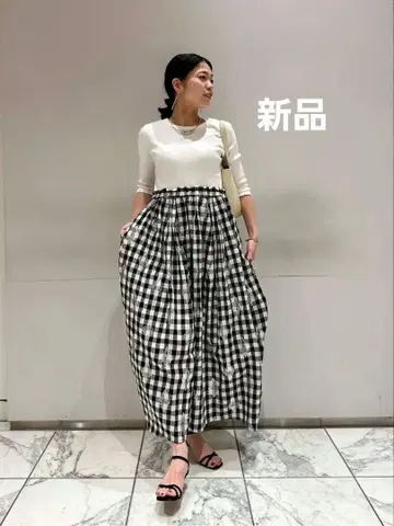 미사용 새상품 코튼 린넨 호일 깅엄 체크 원피스 M 사이즈