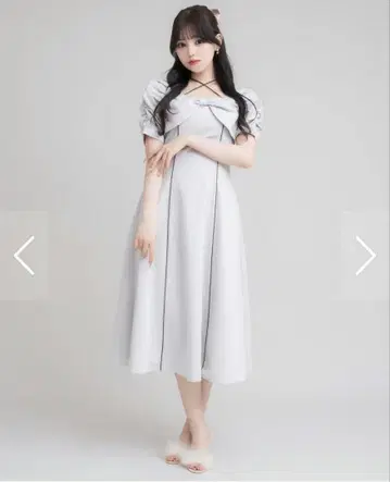pium 피움 프론트 리본 플레어 롱 원피스 블루 그레이