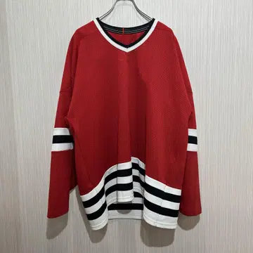 레드 메쉬 긴팔 티셔츠 스트라이프 L