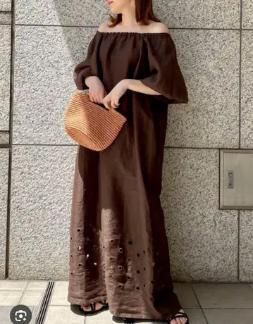 미사용 un dix cors 브라운 오프숄더 린넨 원피스