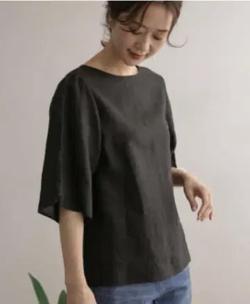 URBAN RESEARCH DOORS 린넨 튤립 슬리브 블라우스 블랙