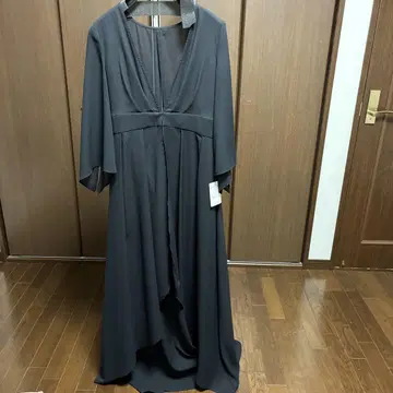 블랙 롱 드레스 V넥 허리 리본