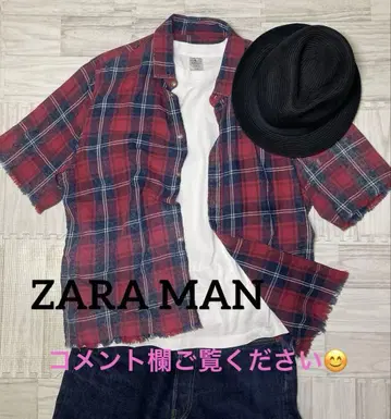 자라 [ ZARA MAN ] 반팔 셔츠 체크 터탄 빨간색 컷오프 슬리브
