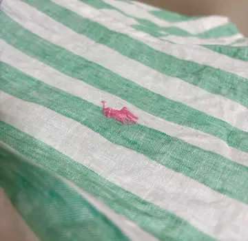 폴로 랄프로렌 린넨 반팔 셔츠 그린 스트라이프 핑크 로고