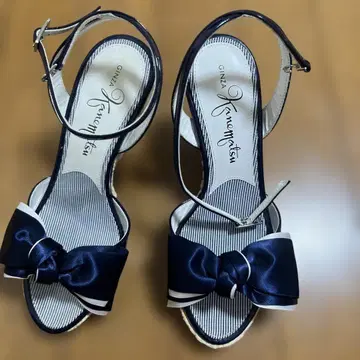일본제 긴자 카네마츠 웨지 샌들 블루 x 리본 21cm