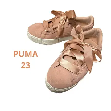 PUMA 핑크 스웨이드 리본 캐주얼 스니커즈, 흰색 밑창, 23cm