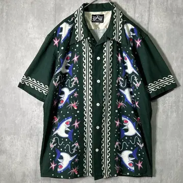 레어 DRESS HIPPY 올 패턴 상어 셔츠 그린 반팔