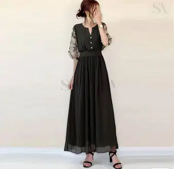 플레어 슬리브 롱 원피스