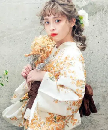 Dita 꽃무늬 유카타 오비 세트 여름 오렌지 윰