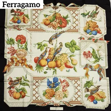 Ferragamo 스카프 빅 사이즈 새 꽃 후르츠 실크 블랙