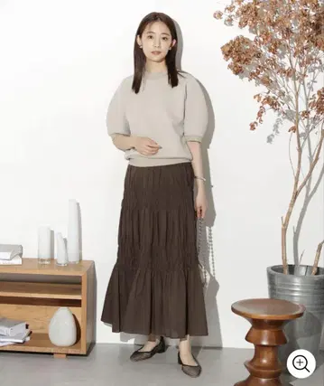 브라운 플레어 스커트 롱 기장 개더