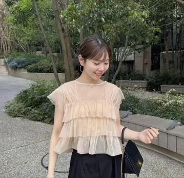 튤 프릴 프렌치 슬리브 상의 hinari
