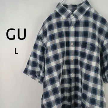 GU 반팔 셔츠 L 블루 체크 무늬 린넨 혼방 버튼다운