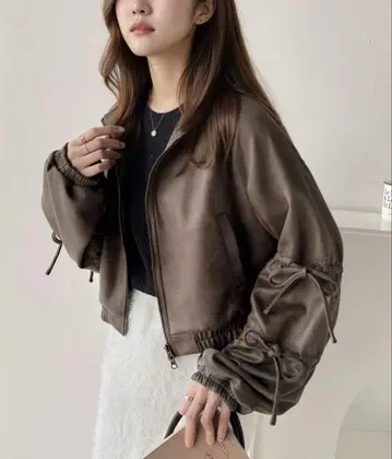 mily bilet 스웨이드 라이크 리본 더블 지퍼 블루종 자켓