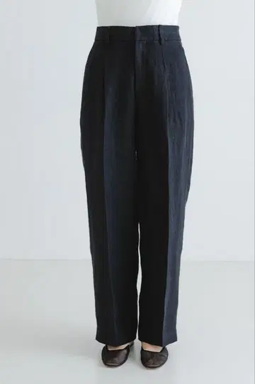 택 포함 린넨 하이웨스트 팬츠 네이비