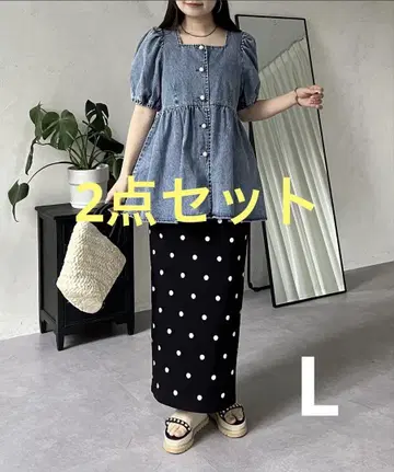 prose verse 데님 페플럼 블라우스 도트 내로우 스커트 2세트