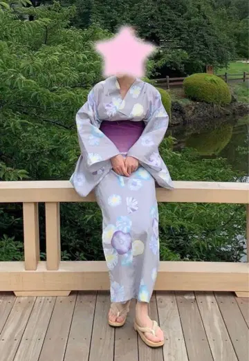 새상품 유카타 세트 나팔꽃 패턴 보라색 오비 게다 포함 E hyphen