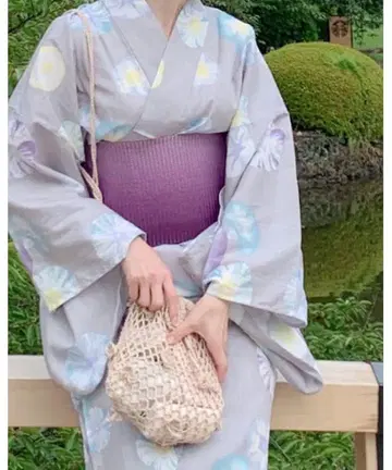 새상품 유카타 세트 나팔꽃 패턴 보라색 오비 게다 포함 E hyphen