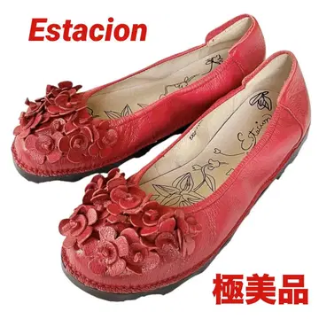 [컨디션 최상] Estacion 플랫슈즈 펌프스 꽃무늬 가죽