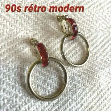 90년대 금 후프 귀걸이 빨간색 큐빅 6개 모던 코스튬 주얼리