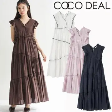 COCODEAL 자수 프릴 티어드 원피스 브라운