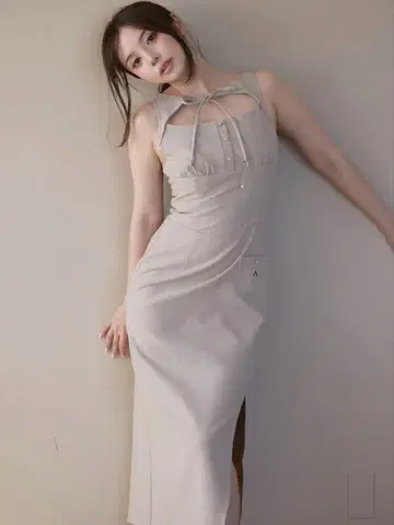 andmary Navi ribbon long dress beige