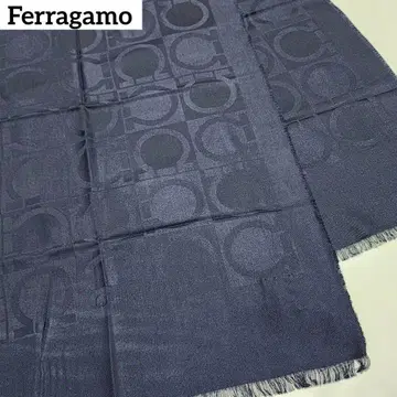 미사용품 Ferragamo 스톨 간치니 로고 실크 혼방 네이비
