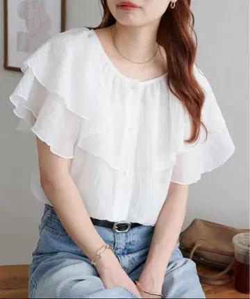 디스코트 컬러 프릴 블라우스 (미사용, 택 포함)