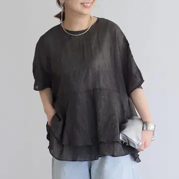 라미 2겹 뒤 리본 페플럼 블라우스