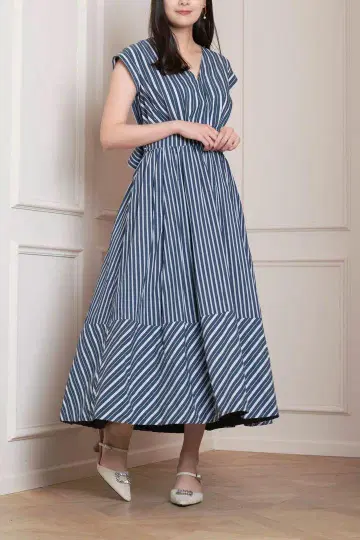 Lover Back Ribbon Dress - stripe / M