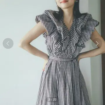 SNIDEL 체크 슬리브리스 롱 원피스 프릴 브라운 [S]