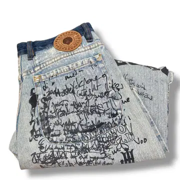 ECKO UNLTD 그래피티 디자인 와이드 데님 팬츠 밑단 컷오프