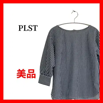 PLST 스트라이프 패턴 블라우스 상의 7부 소매 보트넥 B1860