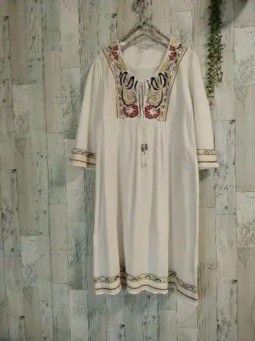 ZARA WOMAN 꽃무늬 자수 7부 소매 튜닉 원피스 인도 면