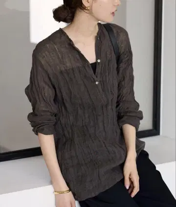 FRAMeWORK LINEN 크레이프 헨리넥 블라우스