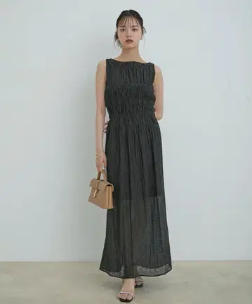 VIS 셔링 롱 드레스 블랙 맥시 길이 원피스