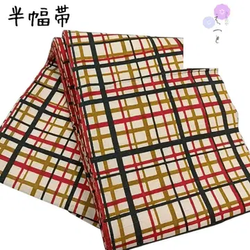 5 22 엣또 반폭 오비 면 격자 무늬 노랑 베이지