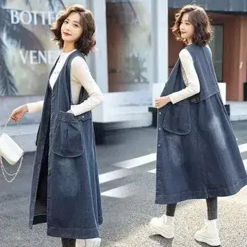 롱 베스트 데님 캐주얼 예쁜 한국 스타일 오픈형 루즈핏 무지 빅사이즈