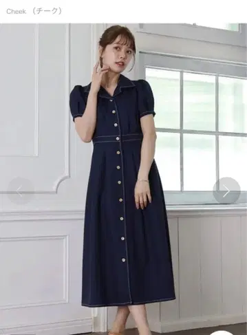 Cheek 네이비 버튼 셔츠 원피스 반팔 오픈 카라