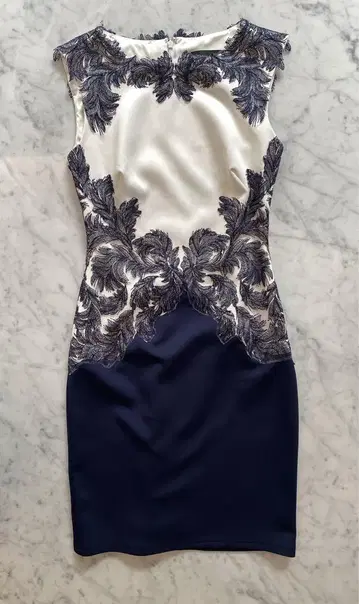 TADASHI SHOJI XS 자수 타이트 드레스 레이스 네이비 화이트