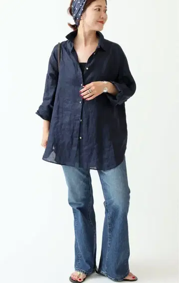 Spick & Span 네이비 80 린넨 카슈쿨 긴팔 셔츠
