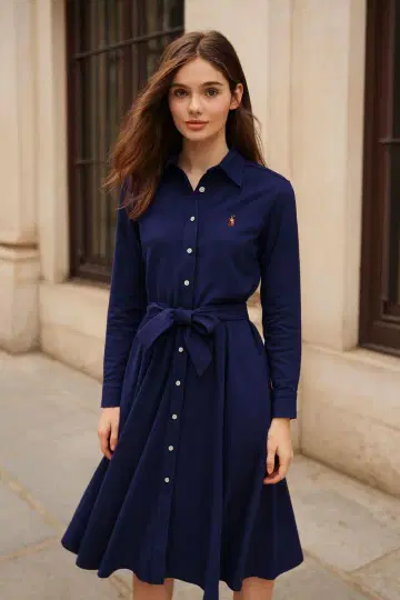랄프 로렌 S 네이비 셔츠 원피스 허리 리본 포함 피케 셔츠