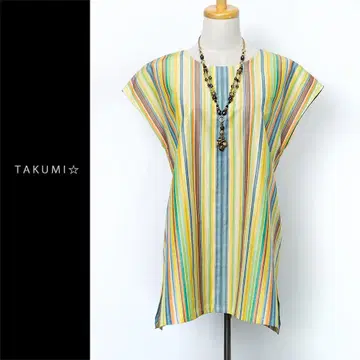 기모노 리메이크 명주 프렌치 소매 튜닉 컬러풀 스트라이프 L