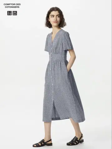 [즉시 구매 가능] 린넨 블렌드 V넥 반팔 원피스 UNIQLO