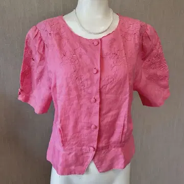 여성용 HAND EMBROIDERED M 반팔 린넨 핑크 레이스