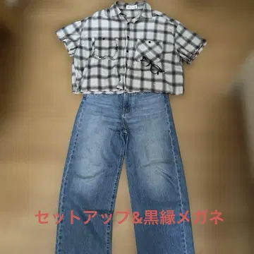 체크 무늬 반팔 셔츠 스트레이트 데님
