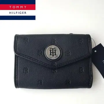 TOMMY HILFIGER 로고 엠보 3단 폴더형 지갑 블랙