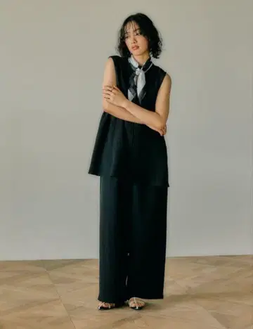 린넨 라이크 드라이 개더 와이드 스트레이트 팬츠 셋업 블랙