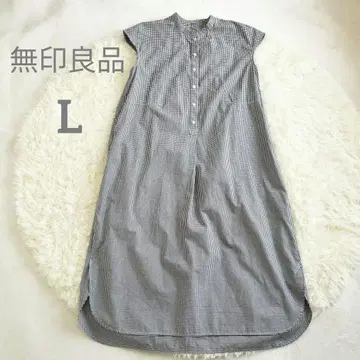 무인양품 MUJI 오가닉 코튼 깅엄 체크 프렌치 슬리브 원피스