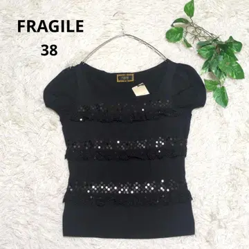 택 포함 [FRAGILE] 프라질 반팔 니트 스팽글 레이스 프릴 블랙